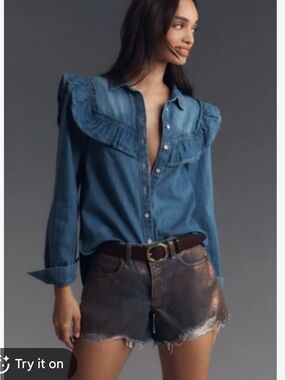 Pilcro Denim Ruffle-Trim Button-Down Shirt - Blue